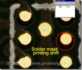 電路板BGA下面的防焊層印刷偏移，造成焊墊大小不一致。