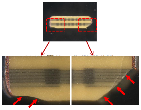 從破裂的現象與電容廠商切片的照片看來，破裂的痕跡從端接處以斜角裂開，電容零件的確像是機械外應力所造成的破裂。