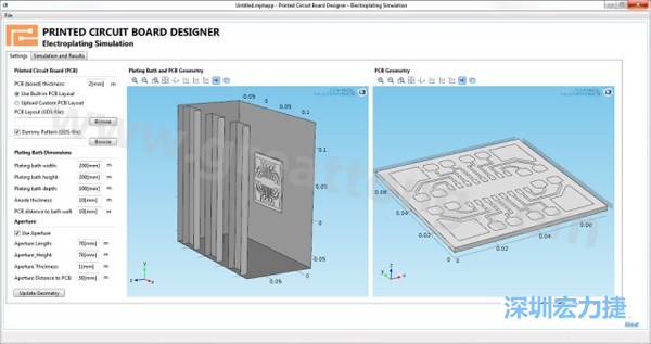 電鍍App允許PCB板設(shè)計人員導(dǎo)入不同的設(shè)計(包含或不含虛置圖形)，點擊計算，然后就能查看所仿真的厚度均勻性-深圳宏力捷