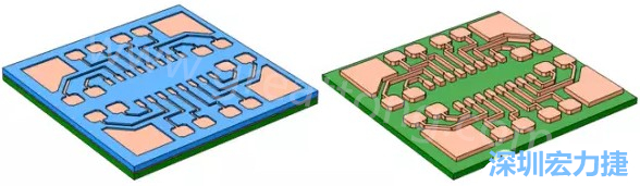 銅被電鍍在導(dǎo)電種子層之上，從而填滿了PCB板上的圖形化光刻膠腔體(左)。清除光刻膠，蝕刻暴露出的種子層以分隔開不同的銅線(右)-深圳宏力捷