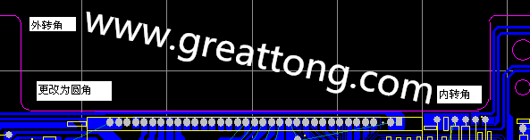 PCB設(shè)計時單面板的轉(zhuǎn)角都需為圓角，R1.0mm或R2.0mm為宜。