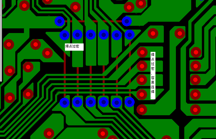 PCB設(shè)計焊點過密，易造成波峰連焊，焊點間漏電