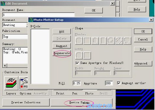 當(dāng)Gerber和鉆孔都設(shè)置完后，選擇一貼片元件較多的層（一般為T(mén)op層），點(diǎn)擊Device SetupPhoto，將 Plotter Setup窗口D-Code欄原有的D碼刪除并按Regenerate重新生成