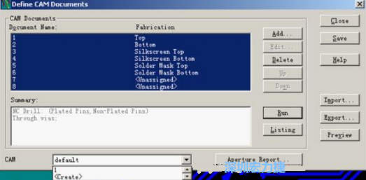 回到Dsfine CAM Documents窗口 ，將所有須輸出的文件用鼠標(biāo)拉住選擇，按Run輸出，默認(rèn)輸出路徑是安裝目錄的\CAM\default，也可按CAM的Create更改