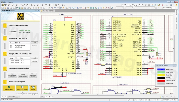 XJTAG DFT Assistant的Access Viewer模式可以清楚地顯示可用的測(cè)試存取層級(jí)，讓電路板設(shè)計(jì)人員在展開PCB布局以前的原理圖擷取階段盡可能地提高測(cè)試存取能力