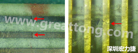 一旦找到確切的銅箔線路斷裂位置，如果還是無法觀察到斷裂的現(xiàn)象，就試著在顯微鏡下彎曲該位置的軟板，這樣就可以突顯并放大斷裂銅箔的開口了。 