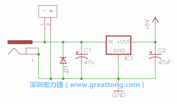 2.5.    新增一個(gè)二極體，它會(huì)以水平的狀態(tài)出現(xiàn)在屏幕上，請(qǐng)使用「旋轉(zhuǎn)（Rotate）」工具把它負(fù)極那一面朝上，并且用「網(wǎng)絡(luò)連接」工具將它連接在電壓調(diào)整器的輸入端和接地端之間。