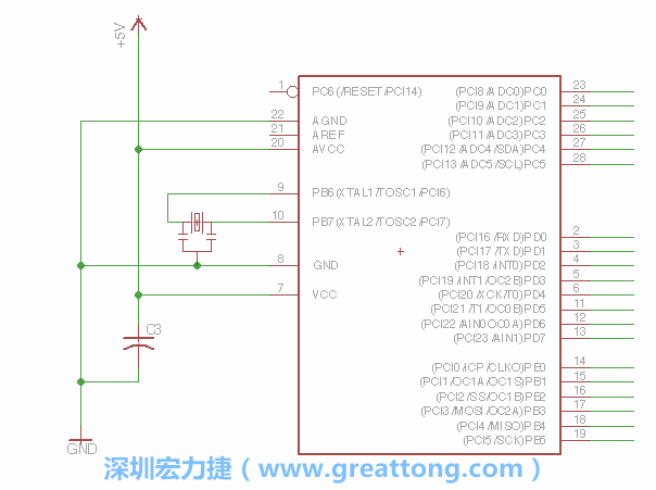 3.2.    在靠近ATmega的電源供應針腳7的位置放置一個0.1μF的電容，將它分別連接電源、接地端和針腳7。