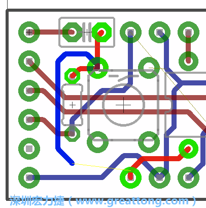 要在電路板正面進行+5V信號線連結(jié)和其他連結(jié)點的布線工作是非常容易的，而重置信號線（信號線用來連結(jié)電路板正面左邊的重置開關(guān)）需要經(jīng)過一個可以通過電路板正反兩面的電路通道，這個通道是一個可以讓電路板正反兩面線路連接的一個小孔。