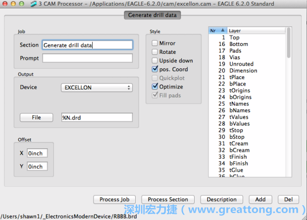 打開(kāi)「excellon.cam」的工作項(xiàng)目并建立drill文件（副檔名為「.dri」和「.drd」），之后你只會(huì)用到「.drd」的文件檔；「.dri」的文件只是解釋用資料（所謂后設(shè)資料）而已。