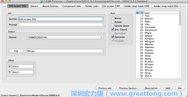 假如你有匯入點(diǎn)陣圖圖層（抑或是有某個(gè)圖層是你不想要它們出現(xiàn)在絲印上的），請(qǐng)?jiān)俅未_認(rèn)標(biāo)簽列下面被指定的圖層都是正確無(wú)誤的。