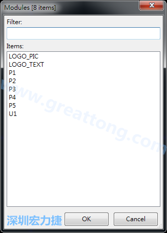 從目前正在編輯的PCB載入Module， 會顯示有那些項目可載入。點選一個， OK后即完成載入