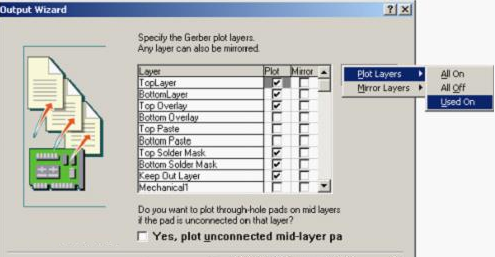 按“Next”，點擊“Menu”將Plot Layers置為Used On，Mirror Layers置為All Off后按“Next”