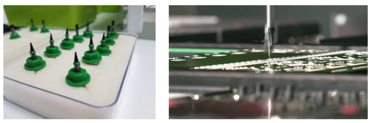 用來吸取零件的小吸盤（左），自動機(jī)械臂將零件迅速向下扔（右）